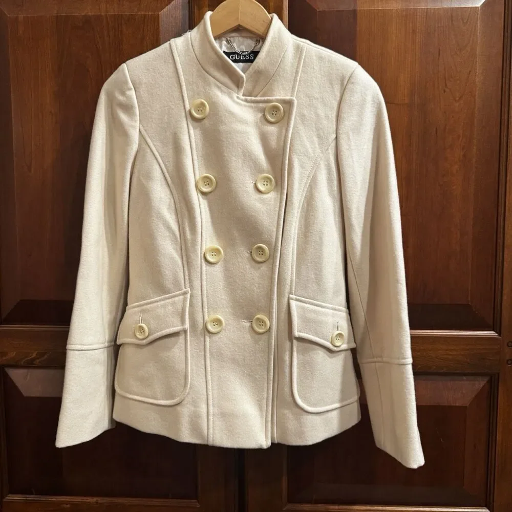 Guess Women’s Wool Blend Cream Pea Coat Double Breasted Size Small - Picture 10 of 16